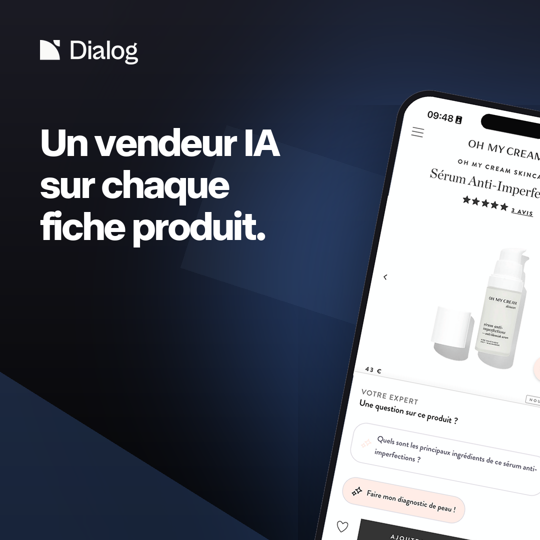 Dialog ad showing an AI sales agent answering questions on a skincare brand's product page, next to the headline
