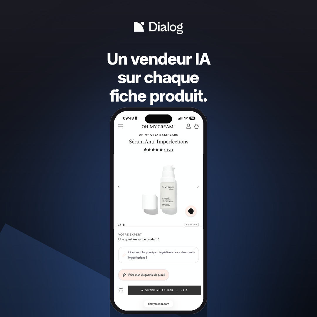 Dialog ad with a centered headline above a full-height phone mockup of a product page running the AI sales agent