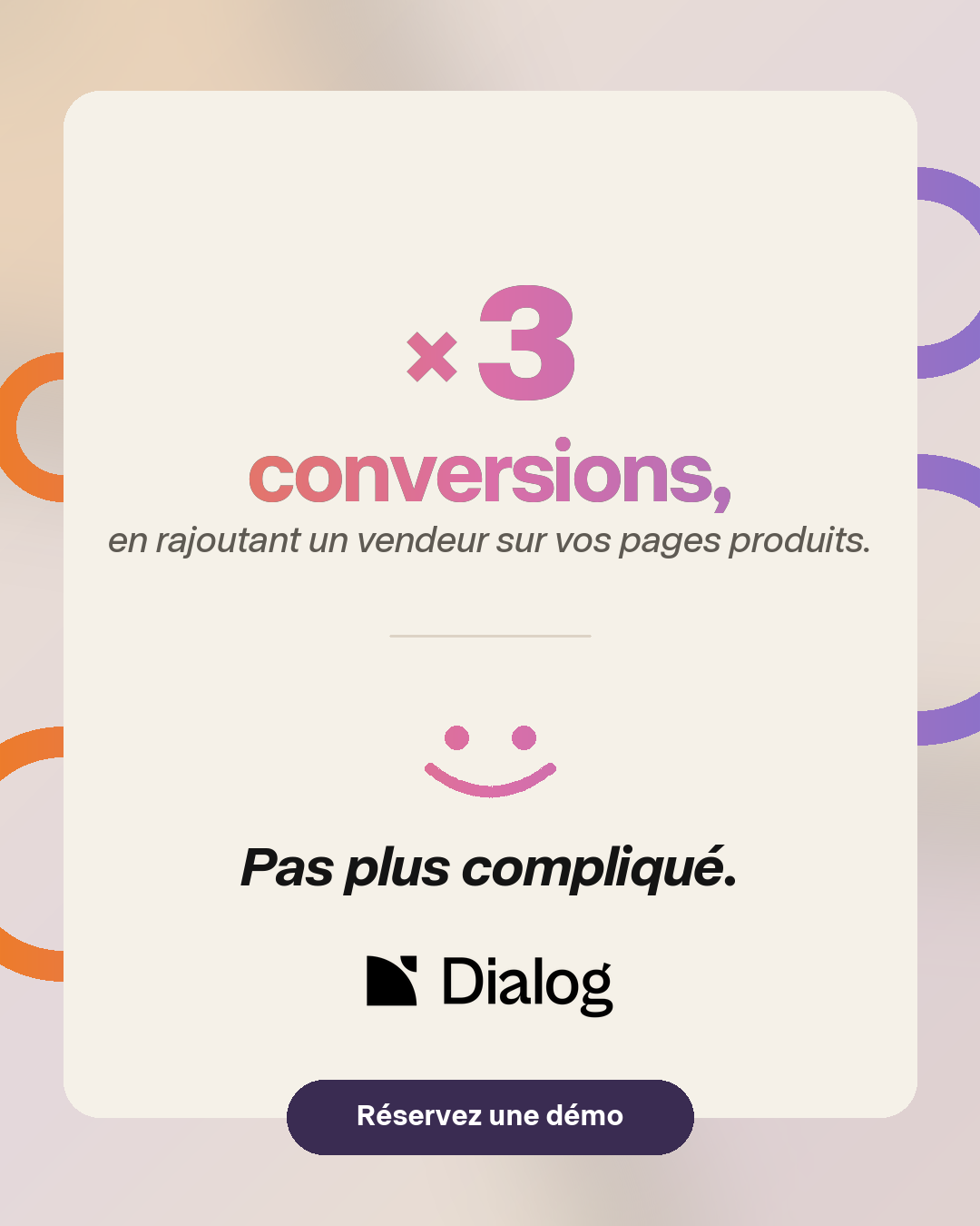 Dialog typography poster ad: the stat x3 conversions on a cream card over a soft gradient, with a smile glyph and a demo CTA